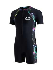 SHEIN Teen Boy Casual Black Two Pieces Swimwear With Shorts,Short Sleeve Fluorescent Ink Splatter Pattern For Summer,Streetwear,Beach,Holiday,Surfing - Multicolor - View 4