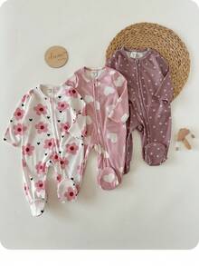SHEIN 3件套新生女宝宝休闲可爱碎花针织长袖连体睡衣套装 - 粉色 - 查看 9