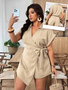Weeklong Plus Size Women Cinched Waist Short Sleeve Jumpsuit, Casual Vacation Outfit - Apricot - View 1