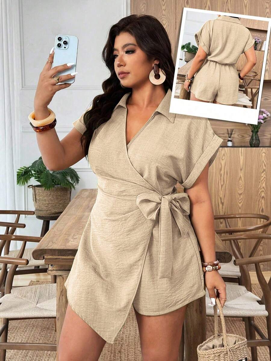 Weeklong Plus Size Women Cinched Waist Short Sleeve Jumpsuit, Casual Vacation Outfit - Apricot - View 1