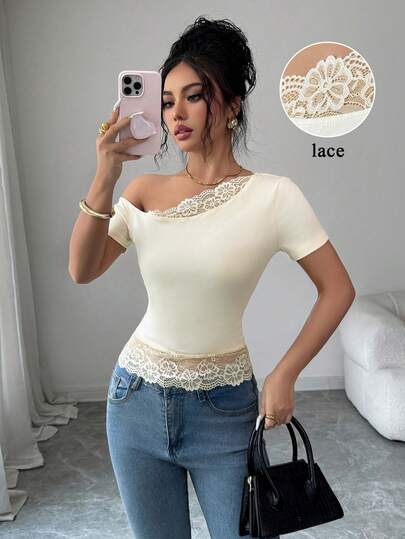 Elenzga Camiseta de mujer con manga corta asimétrica de parche de encaje, color albaricoque, adecuada para fiestas, citas, cenas, festivales, uso casual, ir al trabajo y atuendo de vacaciones diarias