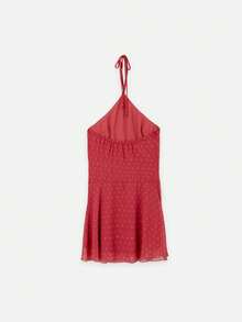 Nöista Polka Dot Pink Summer Elegant Romantic Brunch Printed Halter Mini Dress Cross-Neck Strap Texture Fitted Bodice Flared Skirt Party Vacation Date Night - Red - View 7
