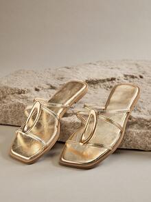 VACAZURE Women's Fashionable Gold Faux Leather Square Toe Flat Sandal Slide,Comfort Metallic Embellish Chic Holiday Shoes For Spring Summer Vacation Beach - Gold - View 5