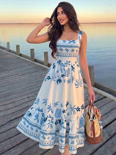 Modelyn Women's Sleeveless Woven Printed Cinched Waist A-Line Midi Dress, Elegant & Romantic, Spring/ White Blue Tropical Print Square Neck Midi Dress Lightweight Cotton-Blend Fabric White Base With Blue Tropical Print Square Neckline With Wide Straps Beachside Sunset Photoshoot Spring Outdoor Boardwalk Walk Coastal Vacation Evening Wear Resort Vacation Wear Coastal Summer Holiday Wear Summer Coastal Romantic Chic White Base With Blue Tropical Print