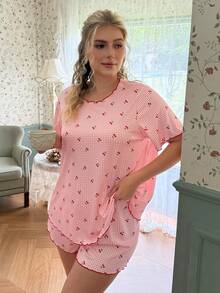 CottageSlumber Plus Size Women Plaid Cherry Print Rolled Hem Short Sleeve Shorts Pajama Set - Pink - View 8