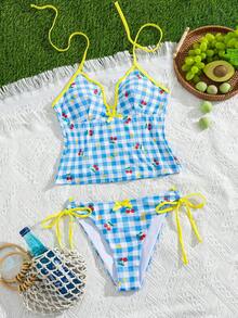 Swim Mod Women's Cute White Gingham Check Floral Bow V-Wavy Neck Swimwear Top Tie-Side Bikini Bottom 2pcs Tankini Set For Summer Holiday,Pool Party Golf - Multicolor - View 6