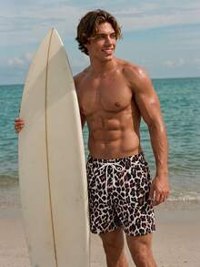Manfinity Swimmode 大尺碼男士休閒波西米亞風豹紋抽繩腰沙灘短褲，夏季度假夏威夷熱帶泳褲洗澡沙灘褲，米色卡其色 - 黑色 - 查看 6