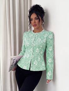 Elenzga Blusa blanca elegante y exquisita de mujer, con cuello redondo decorado con perlas, ribete de botones delanteros, diseño de bajo con abertura, adecuada para mujeres de 20 a 35+ años para reuniones, fiestas, viajes diarios, temporada de graduación (estampado aleatorio). Fabricada con tela jacquard de primavera/otoño, de estilo francés único, elegante y versátil. - Verde Oscuro - Ver 4