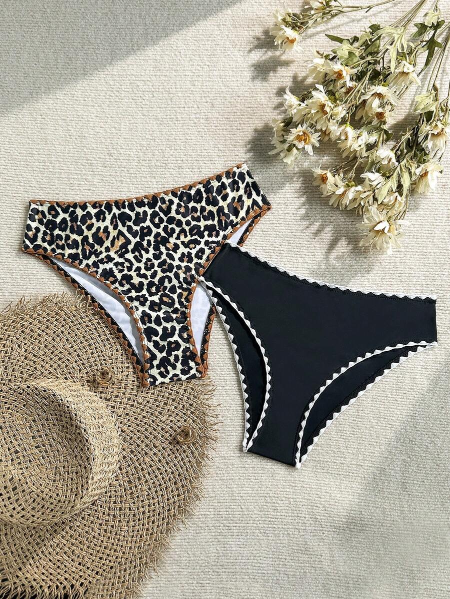 Oceva 女士夏季沙滩纯色豹纹贝壳边弹力舒适三角泳裤，简约休闲度假风泳装 - 彩色 - 查看 1