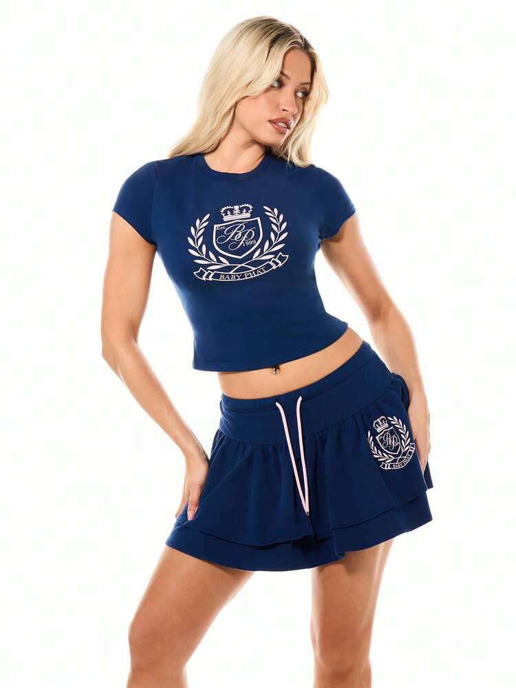 BABYPHAT Navy Blue Cropped Top And Ruffle Tiered Mini Skirt Two Piece Matching Set With Logo Emblem Casual Loungewear Outfit For Spring Summer