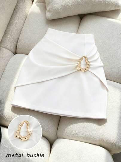 Franclia Elegant Fitted Metal Buckle Pleated Bodycon Mini Skirt, Casual Commute A-Line Skirt For Sexy Ladies