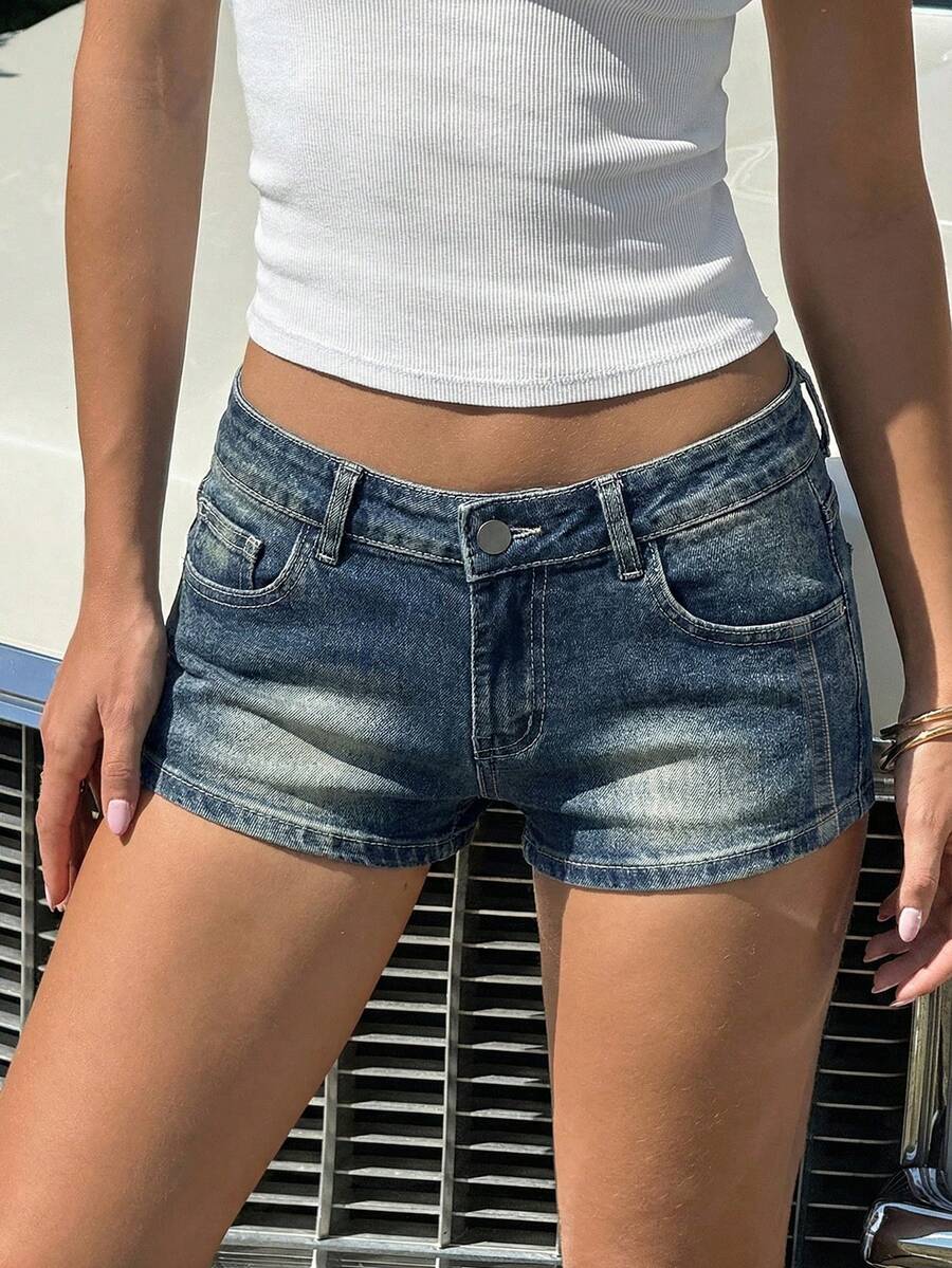 SHEIN EZwear 女士蓝色条纹低腰牛仔短裤，夏季