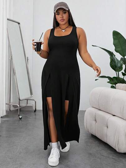 SHEIN Essnce Bộ đồ 2 mảnh dành cho nữ cỡ lớn, màu trơn, thiết kế xẻ tà, gồm áo dài và quần short, kiểu dáng thường ngày.