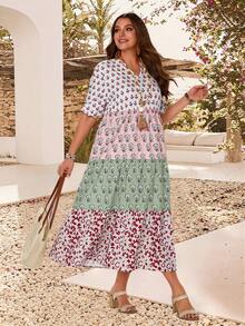 EMERY ROSE Plus Size Women's Summer Beach Vacation Style Patchwork Print Puff Short Sleeve Tiered Hem Dress - Multicolor - View 6