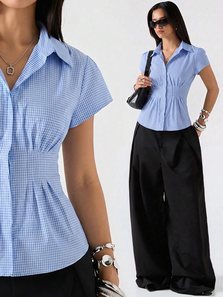 LYSMO 2026新款简约春夏女式格子露肩荷叶袖褶裥腰身优雅衬衫,女士办公上衣,短袖衬衫,商务休闲上衣,女士工作衬衫,夏季上衣,蓝白 - 藍白色 - 查看 1