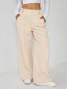 SHEIN EZwear Summer Elegant Casual Metal Double Button Straight Leg Office Pants, Beige, Plus Size - Beige - View 1