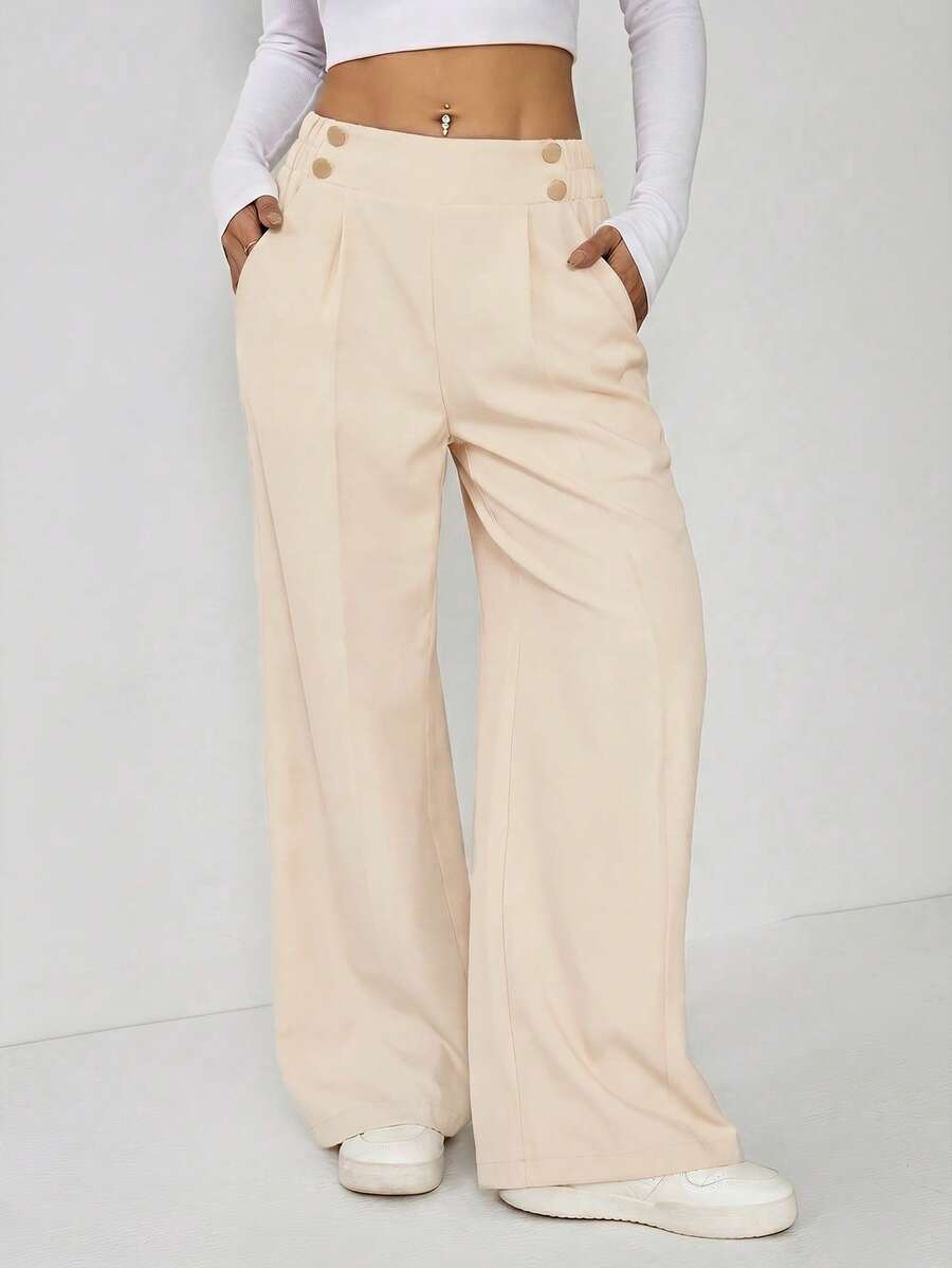 SHEIN EZwear Summer Elegant Casual Metal Double Button Straight Leg Office Pants, Beige, Plus Size - Beige - View 1