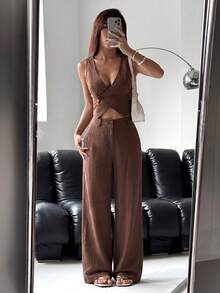 SHEIN EZwear 女款單排扣背心長褲套裝，純色深棕色，春夏約會早午餐性感風 - 咖啡棕 - 查看 3