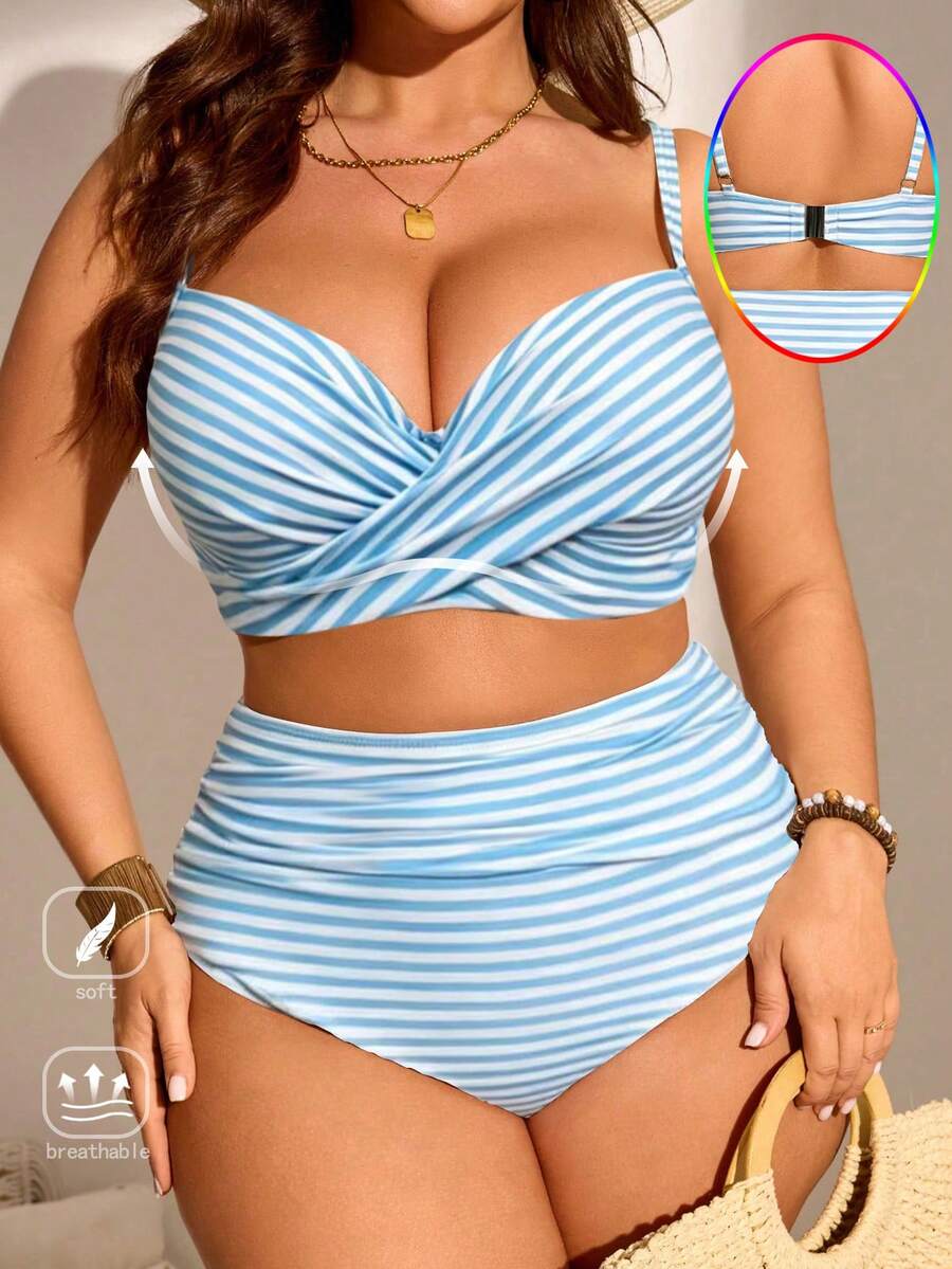 Swim Lushoire Plus Size Women 2pcs Spaghetti Strap Striped Print Gather Fashionable Minimalist Bikini Swimwear Set - Blue - View 1