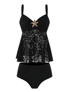 Swim Lushoire Women's Summer Holiday Beach Pool Party Vacation Outfit, Knitted Lace Thick Strap Crop Top Starfish Decor High Waist Triangle Tankini Set Black Sexy - Black - View 4