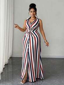Maweii Plus Size Women's Elegant Colorful Striped Casual Striped Knit Twist Design Long Dress - Multicolor - View 3