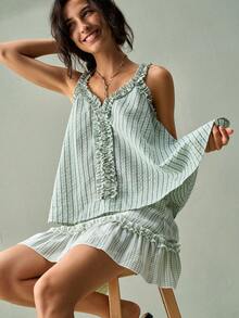 SoleilVie Jupe bohème de style campagne française à taille élastique, motif à carreaux vert et blanc - avec décoration de perles sur le cordon de serrage, double volant en dentelle à l'ourlet, bas décontracté d'été, vêtements d'été pour femmes, jupe cache-maillot de plage - Vert - Voir 1