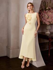 MOTF Soiréza WOMEN'S BOAT NECK SLEEVELESS 3D FLORAL LONG MERMAID DRESS, SPRING/SUMMER - Yellow - View 6