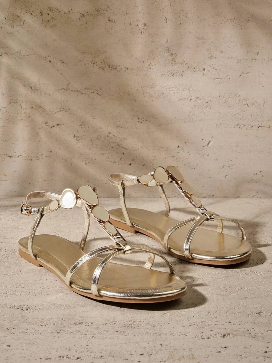 SHUZIA Women's Minimalist Comfortable, Durable, Gemstone Chain Strap Flat Sandals - Gold - View 1
