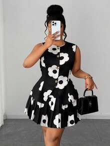 Maweii Damen Große Größen 2026 Neu Blume Muster Stoff Rundhals Knopfleiste Ärmelloses Figurbetontes Top + Elastische Taille Plissee A-Linie Kurzer Rock 2 Stücke Set, geeignet für Abschluss, Abschlussball, Cosplay - Schwarz und Weiss - Übersicht 1