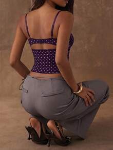 SHEIN BAE 女士波点印花蕾丝拼接修身吊带背心 - 紫紅色 - 查看 2