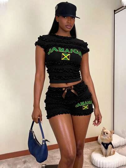 Gowayae Gowayae Women's Fashion 2-Piece Set With Bow, Ruffle Trim, Jamaica Flag, Letter Print, Backless Tie Strap Summer 2-Piece Outfit, Retro, Streetwear, Y2K, Soft Girl, Gen Z Sportswear, Sorority, Summer 2-Piece Set With Letter Print