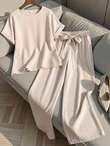 SHEIN LUNE Conjunto de camisa y pantalones casuales de vacaciones para mujer - Caqui - Ver 7