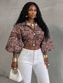 SHEIN Women's All-Over Print Front Button Loose Elegant Blouse - Multicolor - View 1