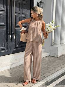 Ellevyn Bộ đồ nữ kẻ sọc xếp ly gồm áo hai dây và quần ống rộng, kiểu dáng thường ngày, gồm 2 món. - Hồng - Xem 9