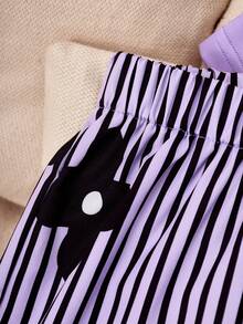 SHEIN 2pcs/Set Girls' Purple T-Shirt Top & Striped Floral Print Straight Pants,Summer Cute Family Matching Minimalist Loose Fit Comfortable Daily Wear - Purple - View 4