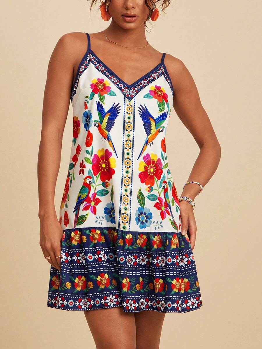 Travachic Women's Floral Print Ruffle Hem Camisole Mini Dress, Vacation Style Navy Blue And White Animal Print Summer Tropical Beach - Multicolor - View 1