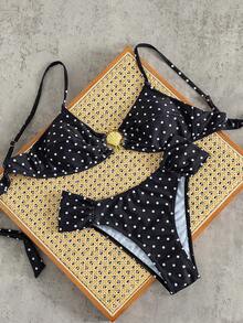 Swim Mod Women's Summer Beach Polka Dot Metal Decor Halter Bikini Top And Triangle Bottoms Swimwear Set - Black and White - View 6