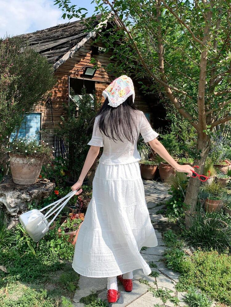 Women's Collared Short Sleeve Shirt & Loose Fit Skirt 2 Pieces Set, Korean Style, Spring/Summer