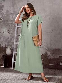 EMERY ROSE Plus Size Women's Sage Green Summer Boho Vacation Dress,Round Neck Short Sleeve Loose Fit Flowy Long Dress With Pockets,Casual Spring Holiday Outfits - Mint Green - View 6