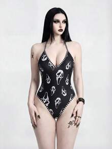 ROMWE Goth 26SS 哥特骷髅头V领连体泳衣，女士，春夏款 - 黑與白 - 查看 4