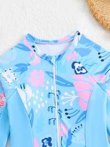 SHEIN 少女夏季度假热带印花插肩袖连体泳衣和短裤套装，适合冲浪、海滩、泳池（印花图案可能有所不同） - 淺藍色 - 查看 4