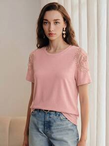 2026 Camiseta ajustada de mujer de manga corta con cuello redondo, diseño de hombros calados y cuentas de unicolor - Rosa - Ver 6