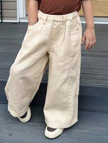 Dazy Kids Quần jeans ống đứng dáng rộng thoải mái cho bé gái (size nhỏ) - Màu be - Xem 1