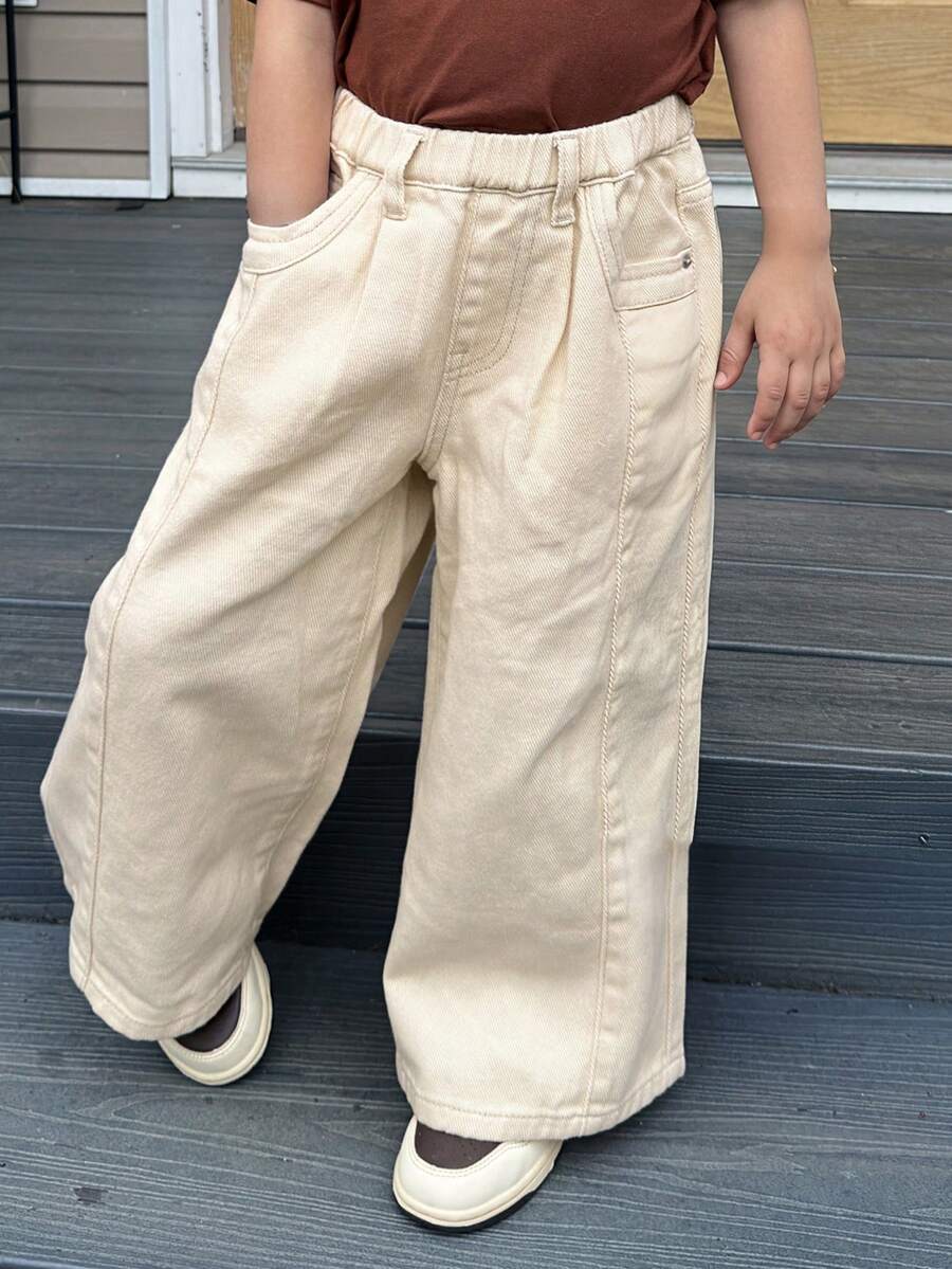 Dazy Kids Quần jeans ống đứng dáng rộng thoải mái cho bé gái (size nhỏ) - Màu be - Xem 1
