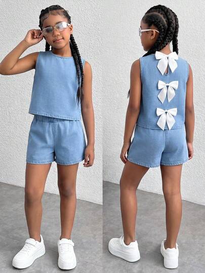 2Pcs Tween Girls Fashion Casual Y2k Vintage Cool Street Including A Light Blue Denim Loose-Fitting Top With Cute Large Ribbon Bow On The Back And Stretch Waistband And Simple And Comfortable Design Denim Shorts For Kids Clothes Tween Girls Dailywear And Kids Spring To Summer Rave Outfits Festival And Outfits Streetwear Clothes