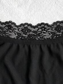 SHEIN Tween Girl Casual Versatile Black Knit Contrast Lace Asymmetrical Shoulder Short Sleeve T-Shirt - Black - View 5