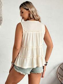 LanaWest CURVE Tank Top Kasual Tanpa Lengan Ukuran Besar Warna Polos Leher Bulat dengan Hem Berkerut - Aprikot - View 2