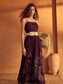 MOTF PREMIUM WOMEN'S LINEN RAYON EMBROIDERED SLIP DRESS WITHOUT BELT, SUITABLE FOR SPRING/SUMMER VACATION WHITE TROPICAL - Purple - View 6