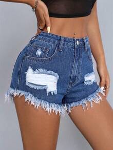 SHEIN PETITE Summer Casual Ripped Frayed Slant Pocket Denim Shorts ,Petite Women - Medium Wash - View 4