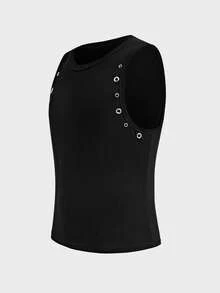 AXEPEAK Men's Black Eyelet Design Crew Neck Casual Streetwear Tank Top Club Summer - Black - View 6